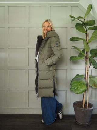 Keila Faux Fur Padded Coat With Hood, High Collar, Zipper Closure, Pockets, Faux Fur Inner by Rino &amp; Pelle - Navy Blue, Toffee