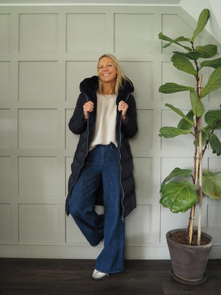 Keila Faux Fur Padded Coat With Hood, High Collar, Zipper Closure, Pockets, Faux Fur Inner by Rino &amp; Pelle - Navy Blue, Toffee