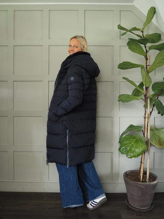 Keila Faux Fur Padded Coat With Hood, High Collar, Zipper Closure, Pockets, Faux Fur Inner by Rino &amp; Pelle - Navy Blue, Toffee