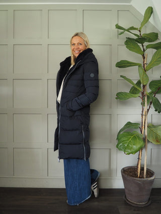 Keila Faux Fur Padded Coat With Hood, High Collar, Zipper Closure, Pockets, Faux Fur Inner by Rino &amp; Pelle - Navy Blue, Toffee