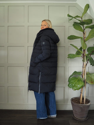 Keila Faux Fur Padded Coat With Hood, High Collar, Zipper Closure, Pockets, Faux Fur Inner by Rino &amp; Pelle - Navy Blue, Toffee