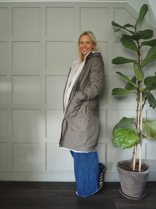 Josien Reversible Coat with Faux Fur Lining - ‘Fur’ Lined Hood &amp; Waist Cinching Drawstring, by Rino &amp; Pelle - Hunter/Birch