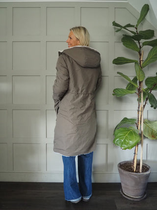 Josien Reversible Coat with Faux Fur Lining - ‘Fur’ Lined Hood &amp; Waist Cinching Drawstring, by Rino &amp; Pelle - Hunter/Birch