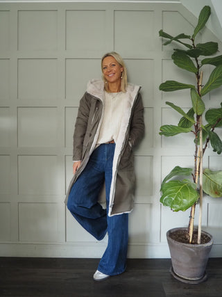 Josien Reversible Coat with Faux Fur Lining - ‘Fur’ Lined Hood &amp; Waist Cinching Drawstring, by Rino &amp; Pelle - Hunter/Birch