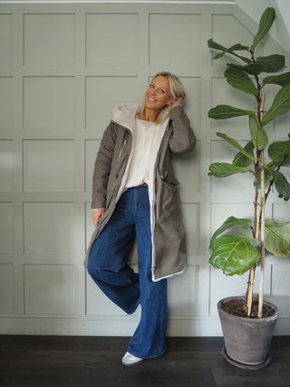 Josien Reversible Coat with Faux Fur Lining - ‘Fur’ Lined Hood &amp; Waist Cinching Drawstring, by Rino &amp; Pelle - Hunter/Birch