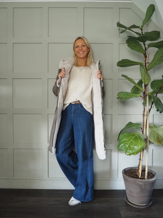 Josien Reversible Coat with Faux Fur Lining - ‘Fur’ Lined Hood &amp; Waist Cinching Drawstring, by Rino &amp; Pelle - Hunter/Birch