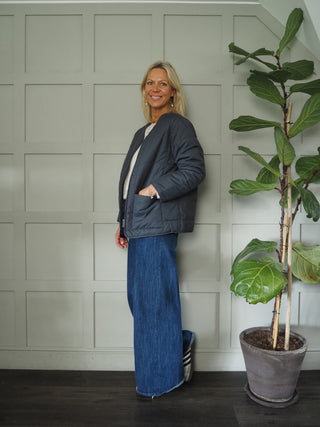 Daydream Lightweight Round Neck Jacket, Front Zip Fastening and Pockets - Black, Khaki and Slate