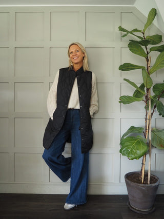 Roadelle Onion Stitch Quilted Longline Gilet with Popper Detail &amp; Waist Cinch Drawstring - Black, Khaki, Slate