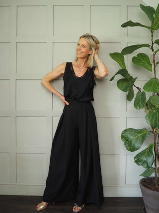 Delfie High Waisted, Wide Leg Trousers with Back Zip - Black