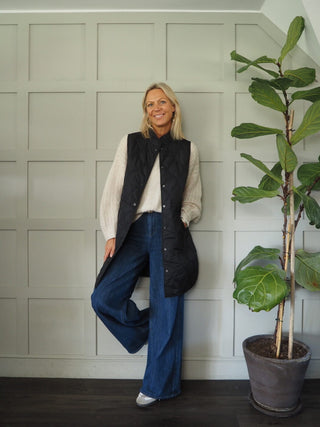 Roadelle Onion Stitch Quilted Longline Gilet with Popper Detail &amp; Waist Cinch Drawstring - Black, Khaki, Slate