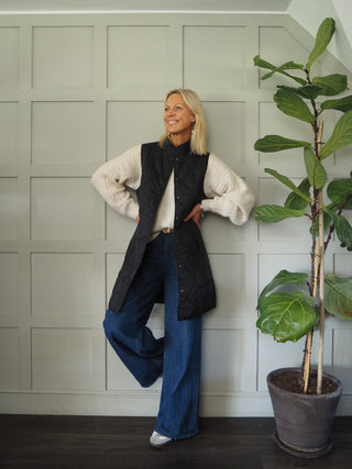 Roadelle Onion Stitch Quilted Longline Gilet with Popper Detail &amp; Waist Cinch Drawstring - Black, Khaki, Slate