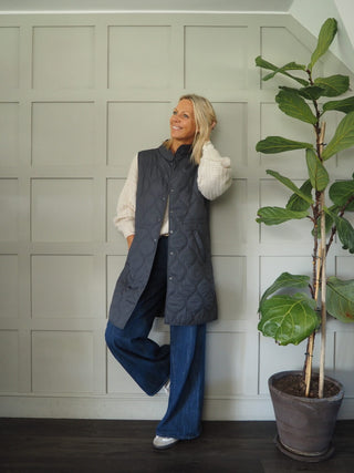 Roadelle Onion Stitch Quilted Longline Gilet with Popper Detail &amp; Waist Cinch Drawstring - Black, Khaki, Slate