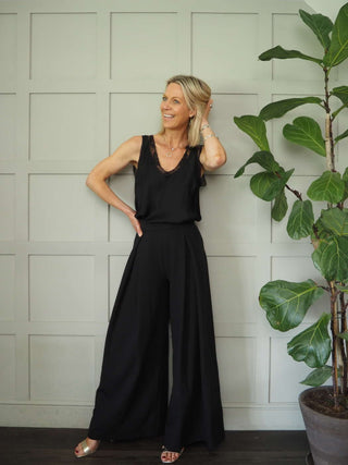 Delfie High Waisted, Wide Leg Trousers with Back Zip - Black