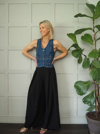 Delfie High Waisted, Wide Leg Trousers with Back Zip - Black