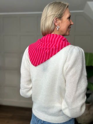 Gemma Alpaca Mix Triangle Scarf - Chocolate, Ecru, Grey, Pink Stripe