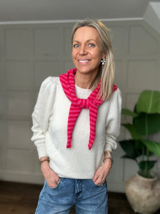 Gemma Alpaca Mix Triangle Scarf - Chocolate, Ecru, Grey, Pink Stripe