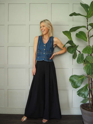 Delfie High Waisted, Wide Leg Trousers with Back Zip - Black