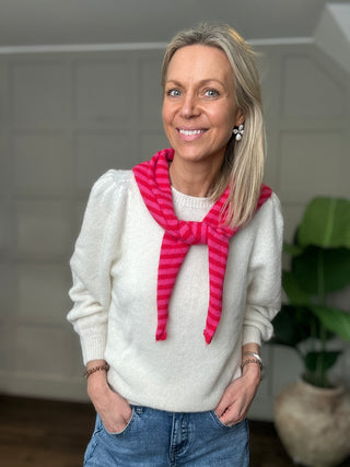 Gemma Alpaca Mix Triangle Scarf - Chocolate, Ecru, Grey, Pink Stripe