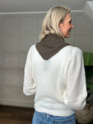 Gemma Alpaca Mix Triangle Scarf - Chocolate, Ecru, Grey, Pink Stripe