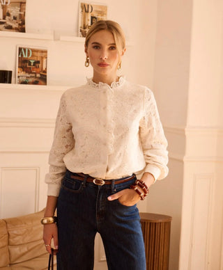 Etta Blouse with Floral and Ruffle Details  - Ecru