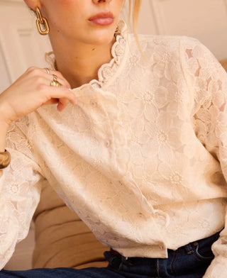 Etta Blouse with Floral and Ruffle Details  - Ecru