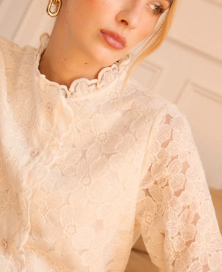 Etta Blouse with Floral and Ruffle Details  - Ecru