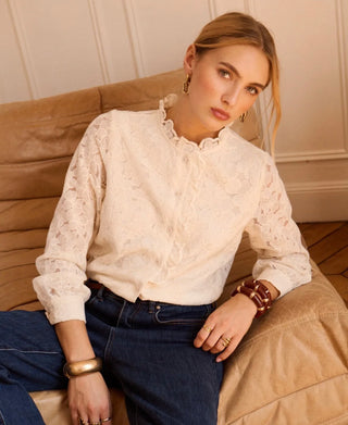 Etta Blouse with Floral and Ruffle Details  - Ecru
