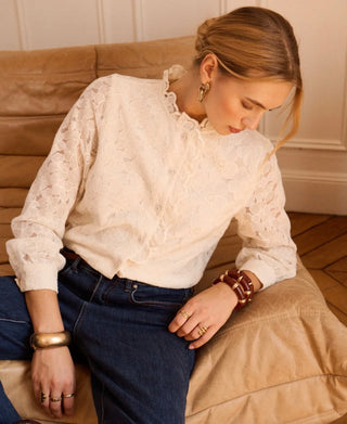 Etta Blouse with Floral and Ruffle Details  - Ecru