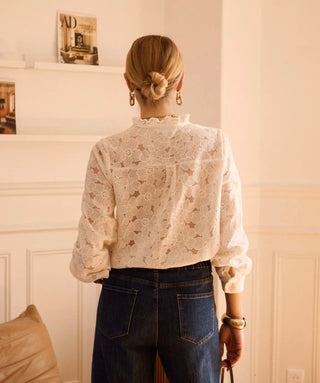 Etta Blouse with Floral and Ruffle Details  - Ecru