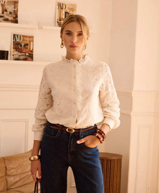 Etta Blouse with Floral and Ruffle Details  - Ecru