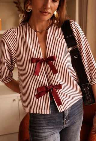 Muro Lightweight Jacket with Bow Fastenings - Blue, Burgundy, Pink Stripe