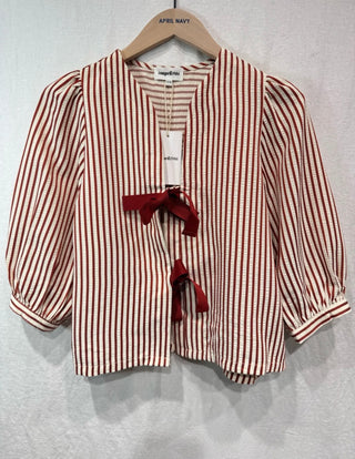 Muro Lightweight Jacket with Bow Fastenings - Blue, Burgundy, Pink Stripe