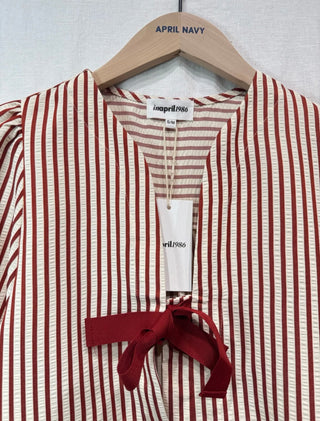 Muro Lightweight Jacket with Bow Fastenings - Blue, Burgundy, Pink Stripe
