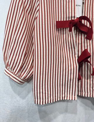 Muro Lightweight Jacket with Bow Fastenings - Blue, Burgundy, Pink Stripe