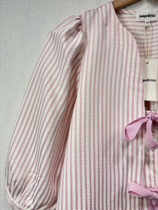 Muro Lightweight Jacket with Bow Fastenings - Blue, Burgundy, Pink Stripe