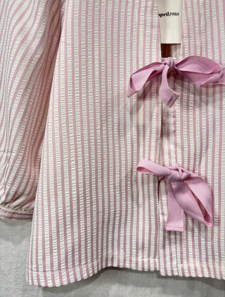 Muro Lightweight Jacket with Bow Fastenings - Blue, Burgundy, Pink Stripe
