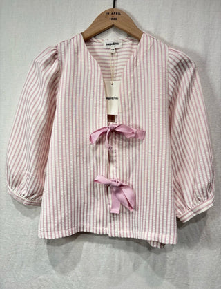 Muro Lightweight Jacket with Bow Fastenings - Blue, Burgundy, Pink Stripe