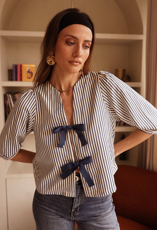 Muro Lightweight Jacket with Bow Fastenings - Blue, Burgundy, Pink Stripe