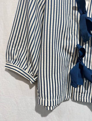 Muro Lightweight Jacket with Bow Fastenings - Blue, Burgundy, Pink Stripe