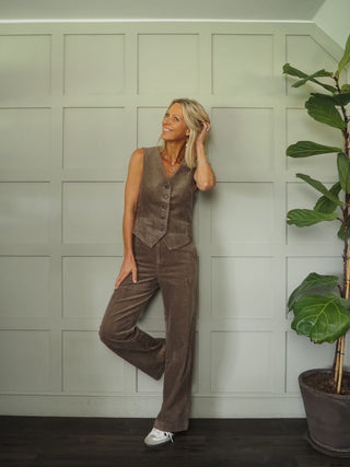 Linka Corduroy Waistcoat with Button Fastening &amp; Faux Pockets by Part Two - Walnut