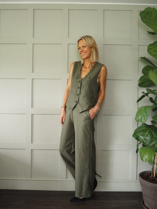 Newly Waistcoat &amp; Wide Leg Trouser Set - Khaki and Mushroom