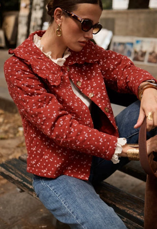 Witham Quilted Jacket with Floral Print and Peter Pan Collar - Autumn Red