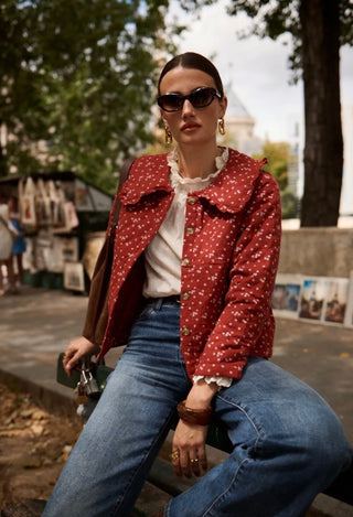 Witham Quilted Jacket with Floral Print and Peter Pan Collar - Autumn Red