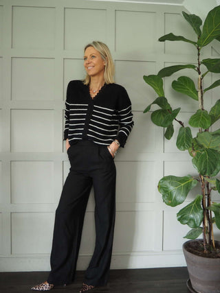 Adriana High Waisted, Straight Leg, Linen Mix Trousers with Side Pockets - Black