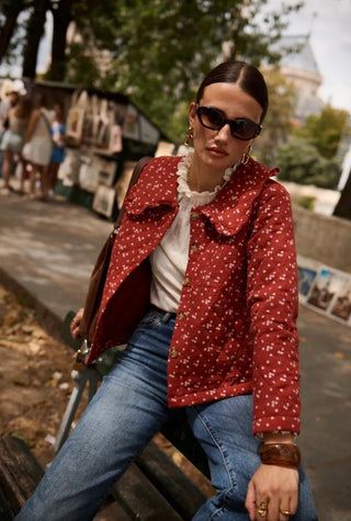 Witham Quilted Jacket with Floral Print and Peter Pan Collar - Autumn Red