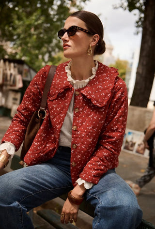 Witham Quilted Jacket with Floral Print and Peter Pan Collar - Autumn Red