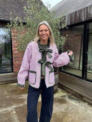 Ava Reversible Jacket - Red with Pink Reverse, Green Velvet