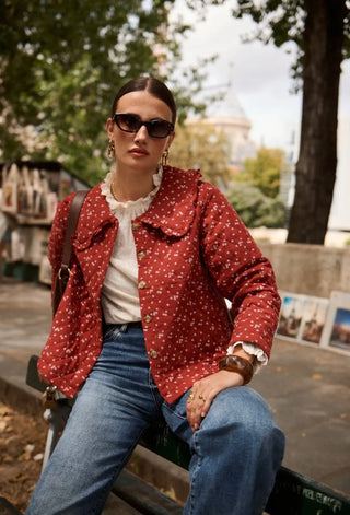 Witham Quilted Jacket with Floral Print and Peter Pan Collar - Autumn Red