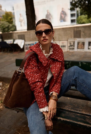 Witham Quilted Jacket with Floral Print and Peter Pan Collar - Autumn Red