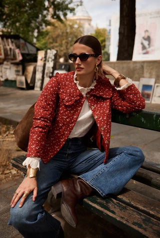 Witham Quilted Jacket with Floral Print and Peter Pan Collar - Autumn Red